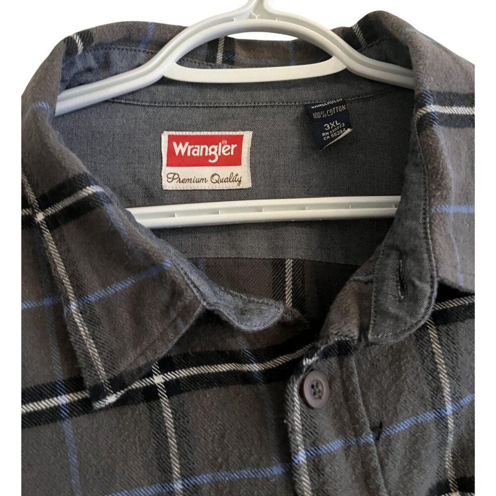 Wrangler Mens 3XL XXXL Gray & Blue Checkered Flannel Work Chore Shirt - Picture 2 of 10